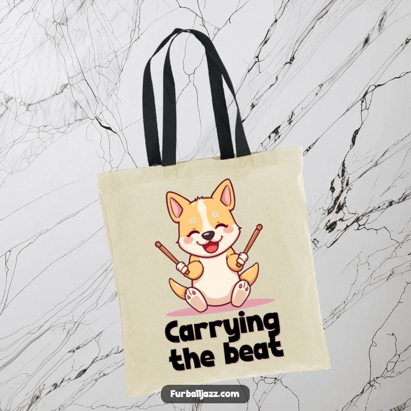 Funny dog tote bag showcasing an energetic character tapping drumsticks on its knees, ideal for carrying essentials with a cool, musical flair.