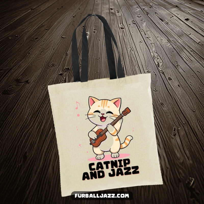 Funny cat tote bag depicting a cool cat enthusiastically tapping its paws to a jazz rhythm, a stylish and humorous accessory for music fans.