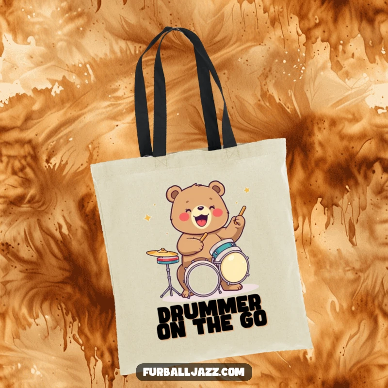 Funny bear tote bag depicting a bear energetically playing drums, perfect for carrying items with a musical and wild theme.