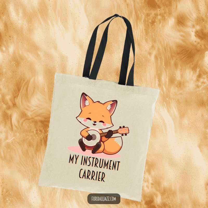 Funny banjo fox tote bag featuring a cheerful fox playing a small banjo, great for shopping and music lovers.