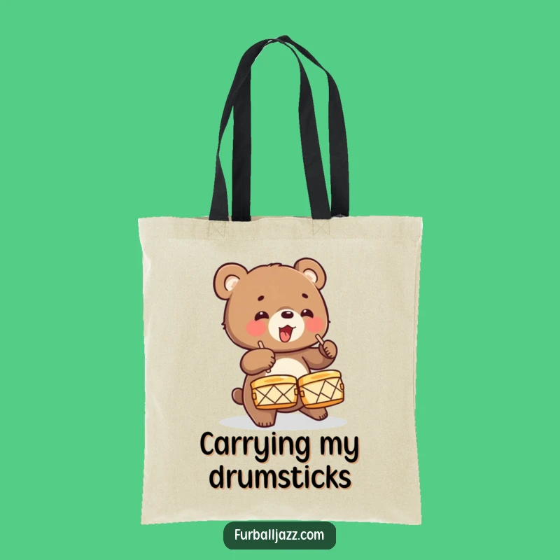 Funny Bear Cub Drummer Tote Bag: Spacious Energetic Carryall, Wild Animal Music Funny Gift