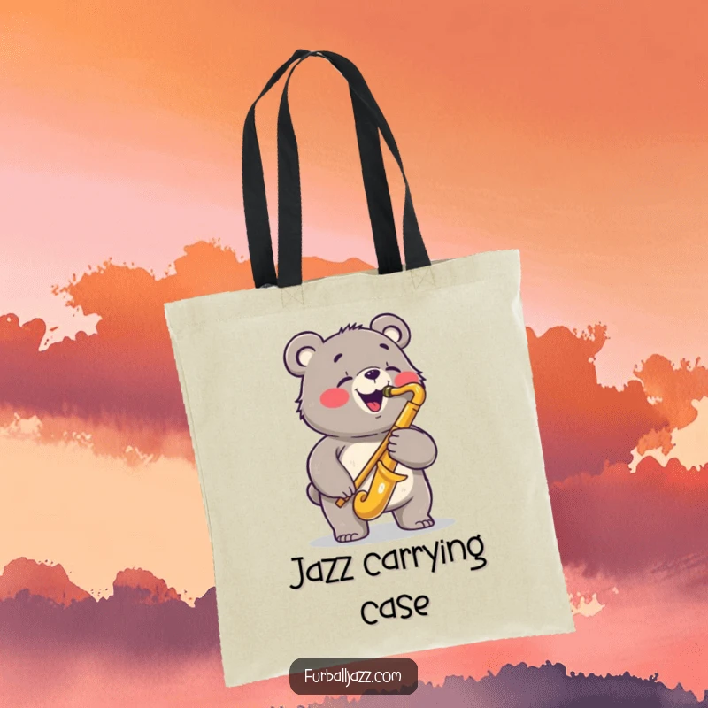 Funny bear tote bag depicting a joyful bear playing a saxophone with a bluesy expression, a stylish and humorous accessory for music lovers.