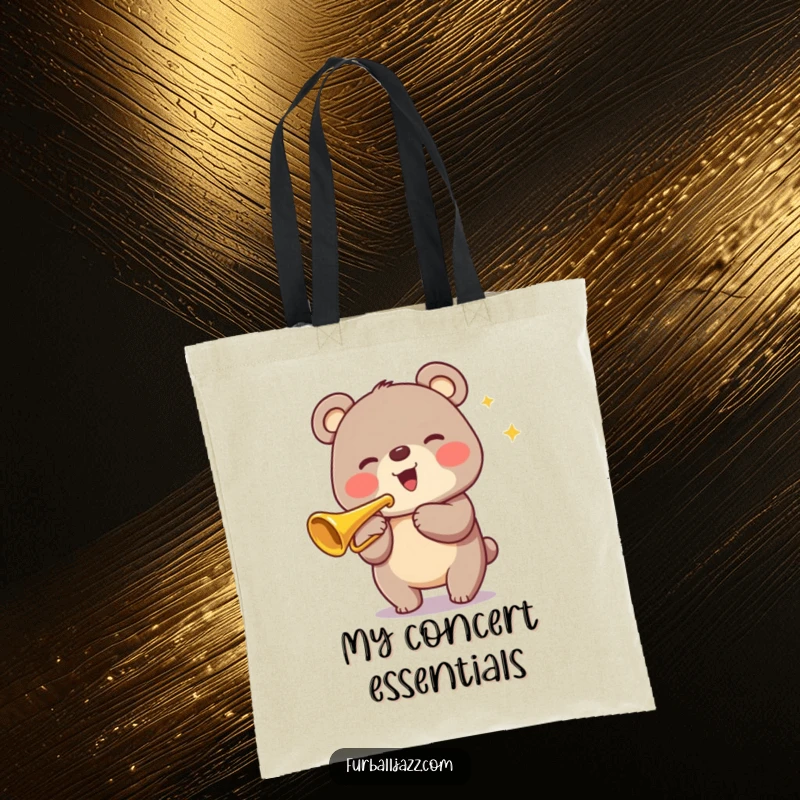 Funny Bear Trumpet Tote Bag with a cheerful bear playing a trumpet, perfect for music students and daily use.