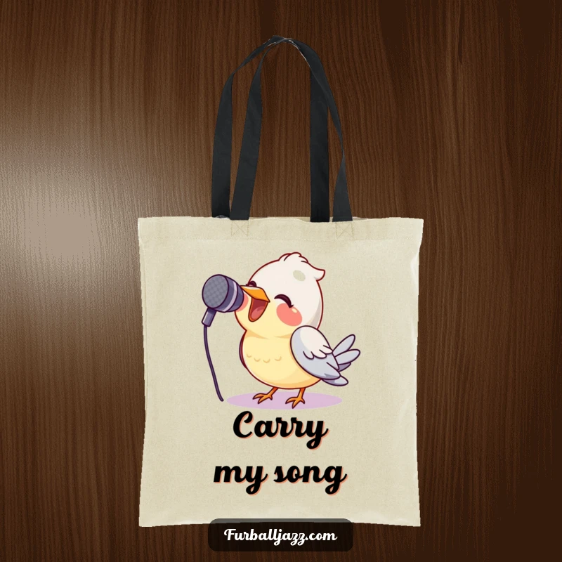Funny bird with a microphone on a tote bag, a cheerful and funny accessory for carrying tunes.