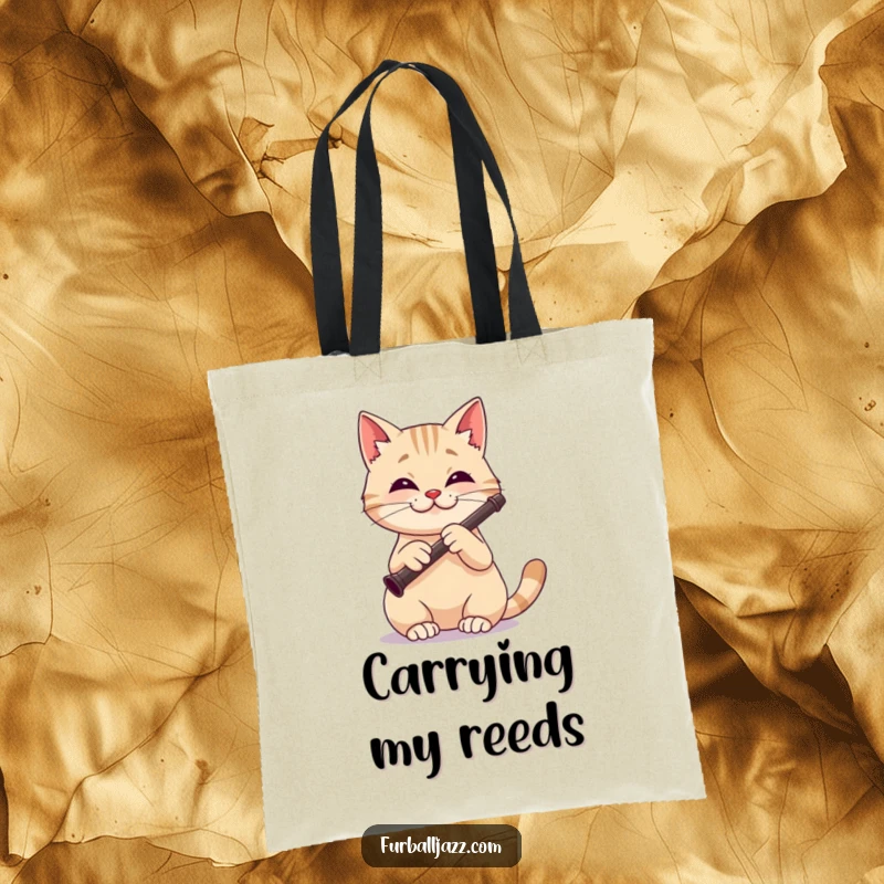 Funny cat tote bag featuring a focused and happy cat playing a clarinet with a cheerful expression.