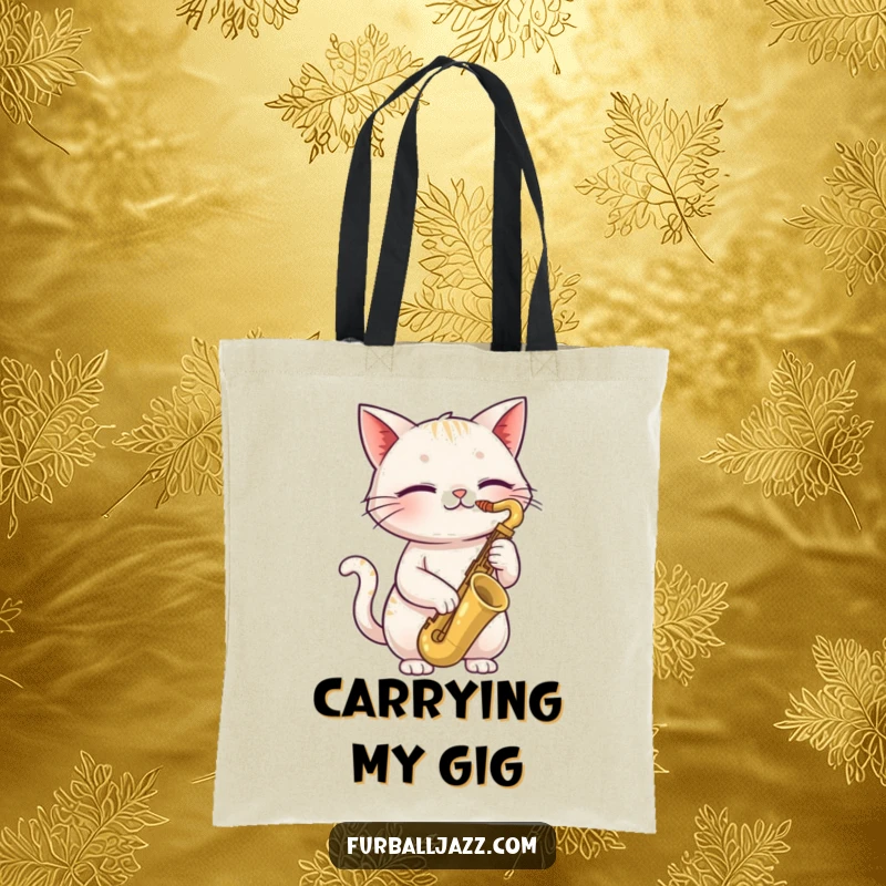 Funny cat tote bag showcasing a happy cat with closed eyes playing a saxophone, ideal for carrying essentials with cool, musical flair.