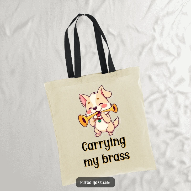 Funny dog character blowing a trumpet with puffed cheeks, a stylish and funny tote bag.