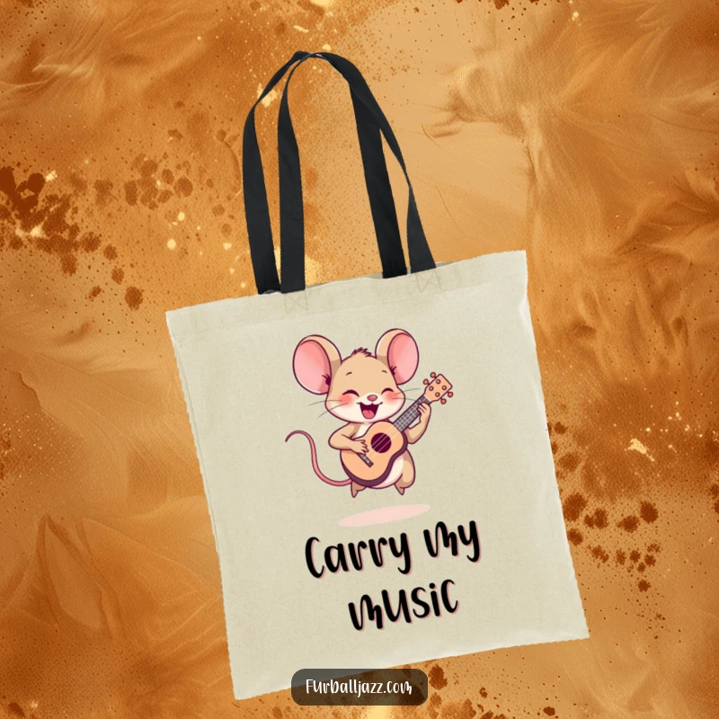 Funny mouse character playing a tiny ukulele, depicted on a tote bag for musical humor.