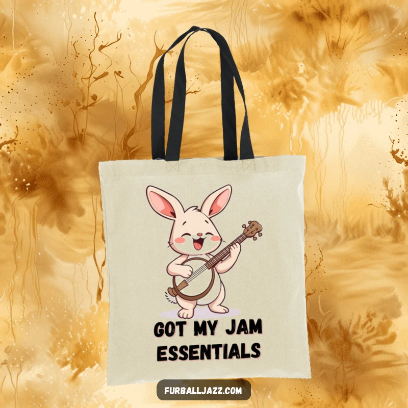 Funny Rabbit Tote Bag: A happy rabbit energetically playing a banjo, perfect for carrying groceries and smiles.