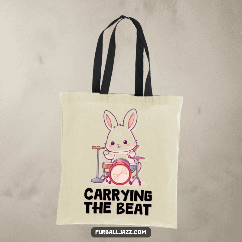 Funny rabbit tote bag featuring a fluffy bunny drummer performing an energetic rhythm on a small drum set with passion and flair.