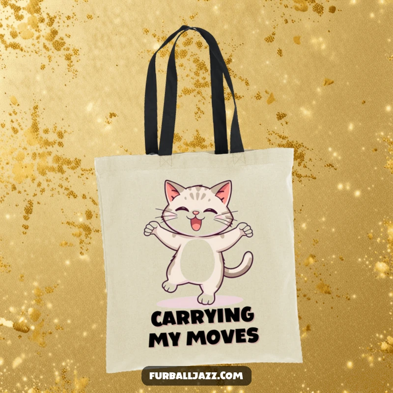 Funny tap dancing cat tote bag, depicting a cat enthusiastically tap dancing with a rhythmic bounce, a stylish and humorous accessory.