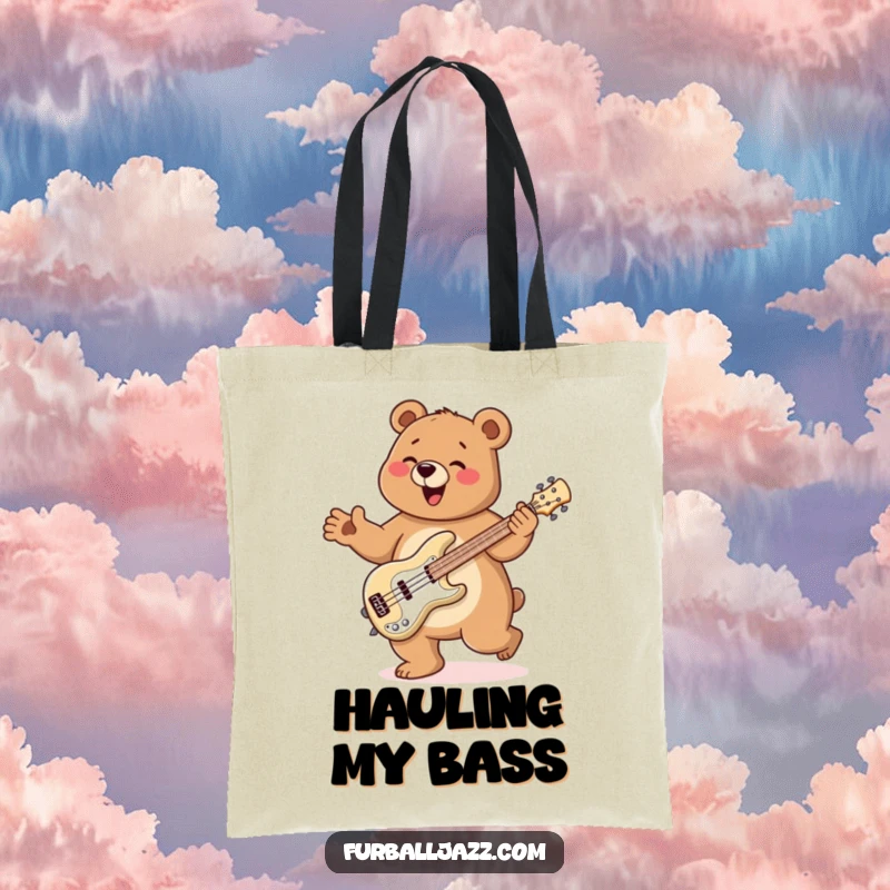 Funny Bear Tote Bag with a bear doing a happy jig while playing a bass guitar, perfect for carrying music or essentials.