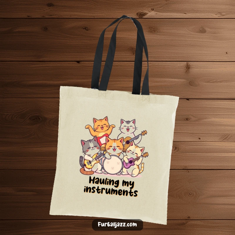 Funny cat tote bag featuring a group of cats playing various musical instruments together with glee.