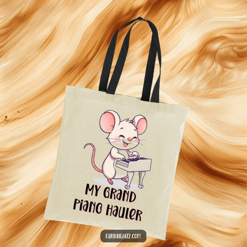 Funny Mouse Piano Tote Bag: A mouse playing a piano with tiny paws, ideal for carrying sheet music.