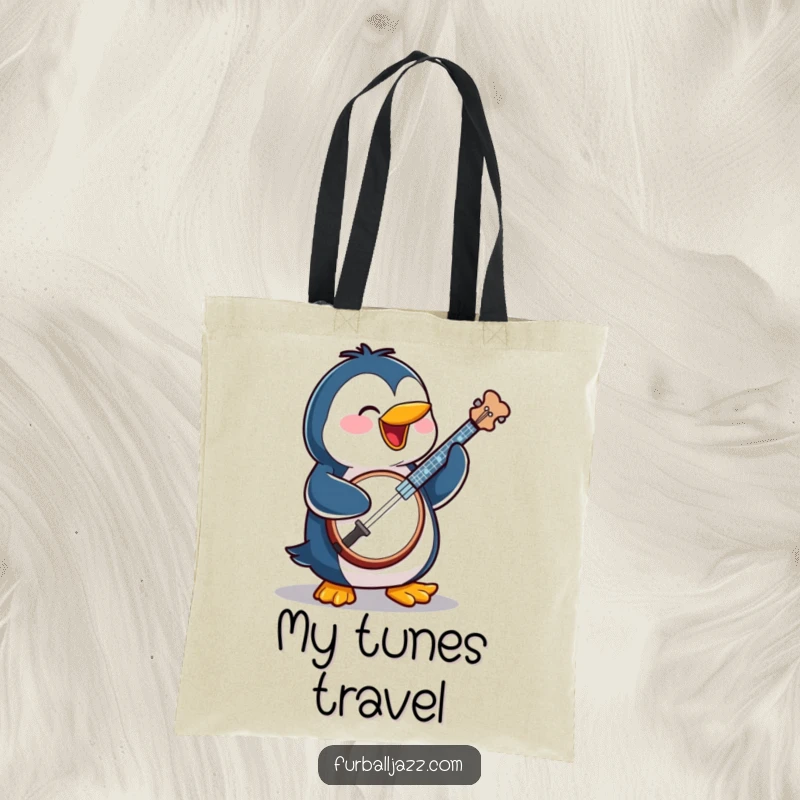 Funny penguin character playing a banjo, depicted on a tote bag for a touch of musical humor.