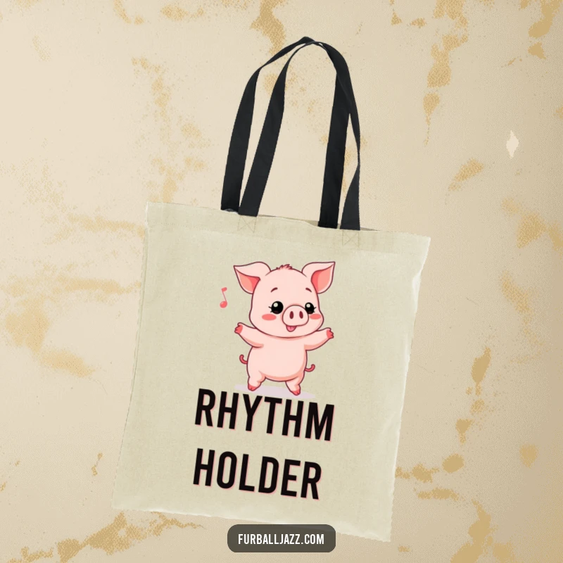 Funny Piglet bopping its head energetically while carrying a tote bag, showcasing a humorous and musical lifestyle.